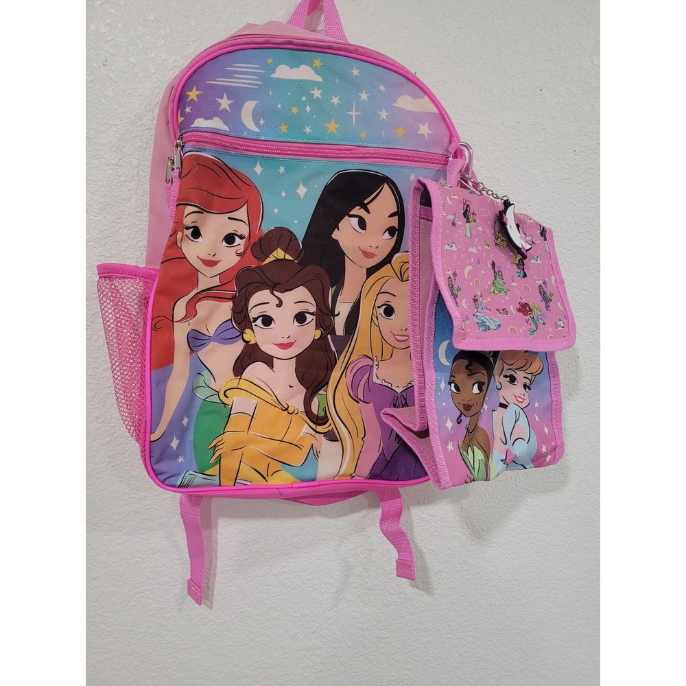 Disney Princess 2PC Backpack Set School Bag Ariel Belle Mulan Lunch Bag Charm #2